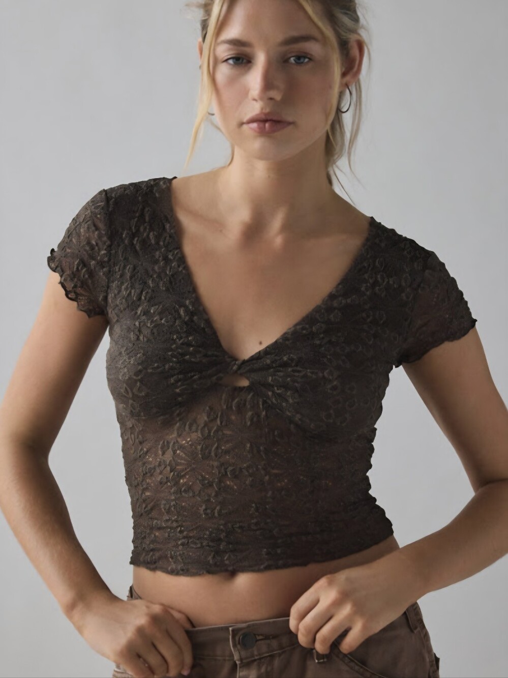 Lace Twist-Front Crop Top in Dark Brown